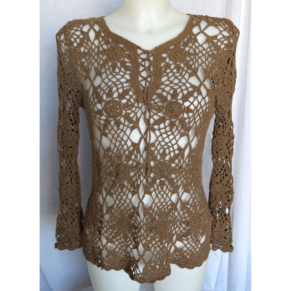Crochet Lace Cottagecore Earthy Festival Top Brown Boho Bell Sleeve Medium